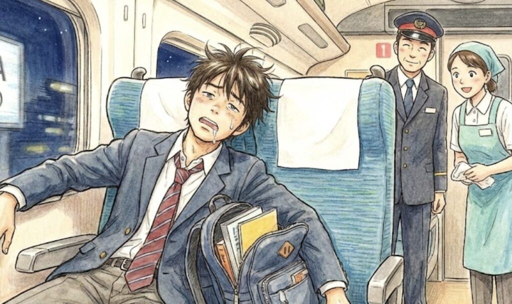 新幹線を乗り過ごすイラスト（オリジナル）