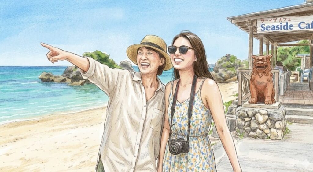 母娘の沖縄旅行のイラスト（オリジナル）